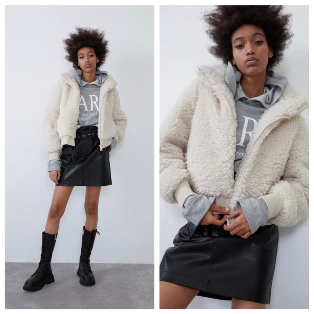 ZARA Fleece Bomber Jacket Beige Size Small